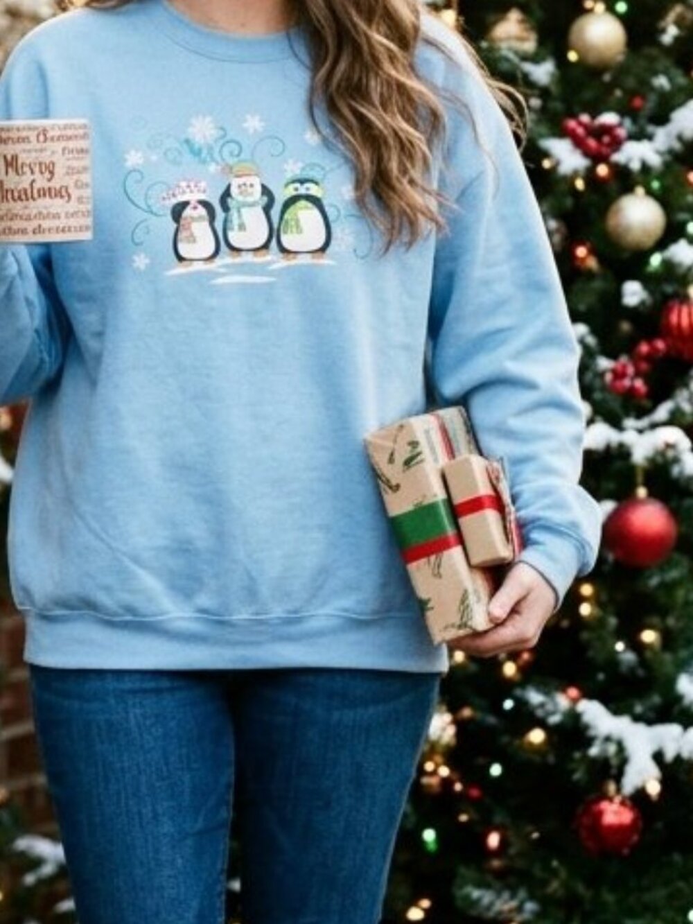 Vintage Jerzees Woman's Light Blue Penguin Holiday Crewneck Sweatshirt Size 2XL